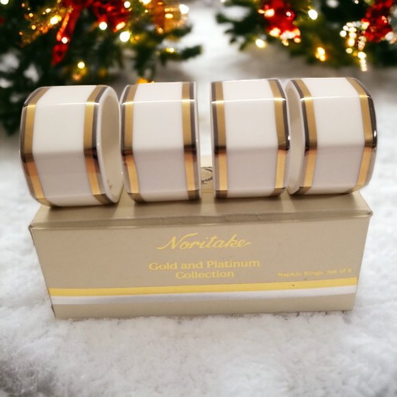 Gold & Platinum Band Napkin Holder Set 4-Noritake Vintage Napkin Rings Colection - Picture 4 of 13